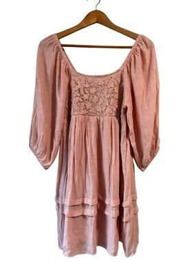 J Gee Pink Crochet Lace Puff Sleeve Boho Cottagecore Dress Petite Small